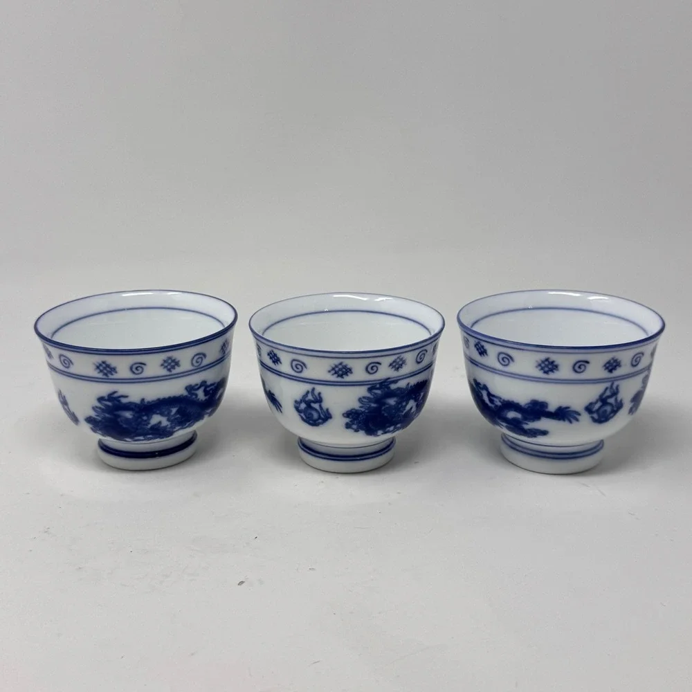 Set of 3 Blue & White Porcelain Dragon Bowls
